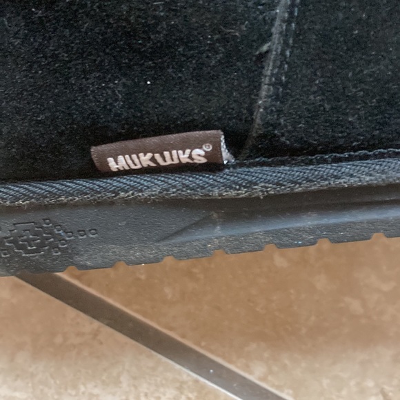 MukLuks size 9 black faux suede boots; 2 outside working silver buckles; 13 1/4” - Picture 2 of 10
